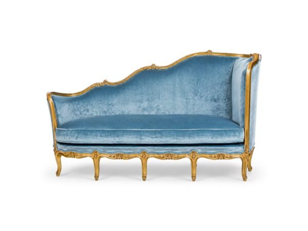 French Chaise Lounge in grey fabric with elegant tufted cushioning