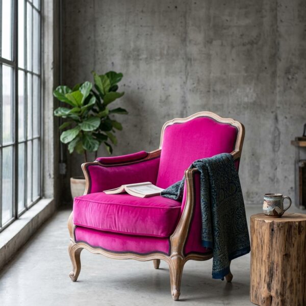 Fuchsia Elegance Accent Chair with vintage wooden frame