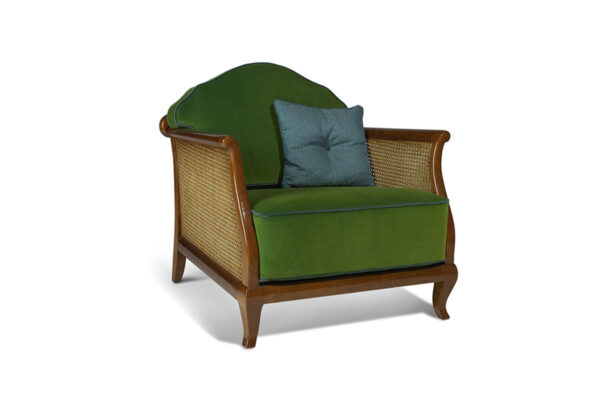 Stylish armchair with velvet upholstery and classic wood accents