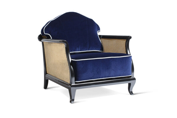 Cobalt Cane Armchair in deep blue velvet with caned sides