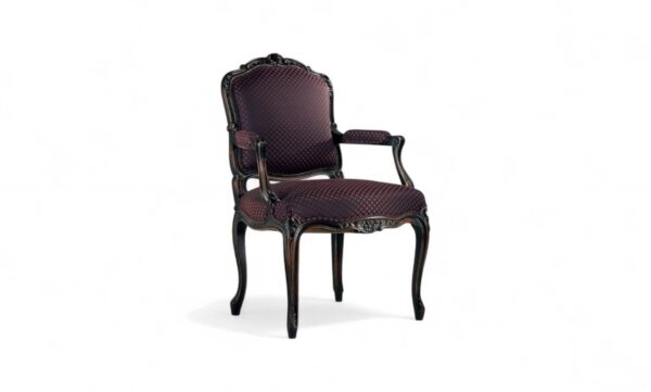 Ebony Splendor Armchair with intricate carvings and red upholstery