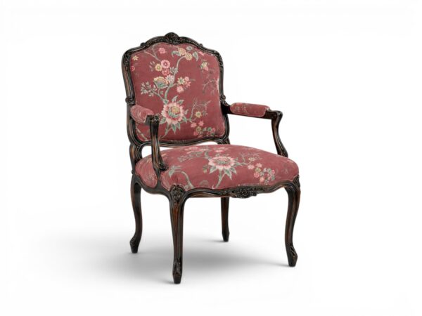 Luxury vintage armchair with ebony wooden frame and plush seating