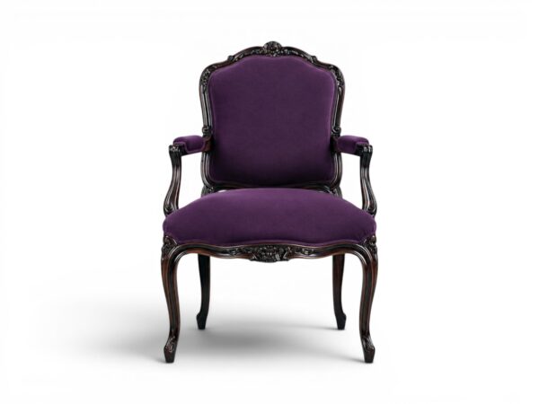 Ebony Splendour Armchair with intricate carvings and red upholstery