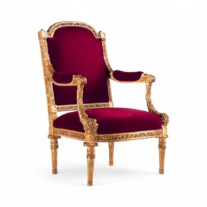 Regal Crimson Armchair with ornate gilded wood and velvet upholstery