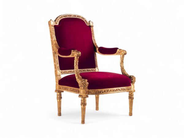 Regal Crimson Armchair with ornate gilded wood and velvet upholstery