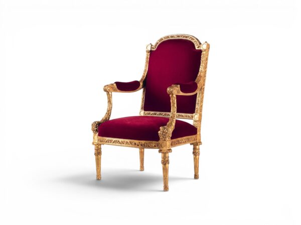 Gilded velvet armchair styled in classic interior setting