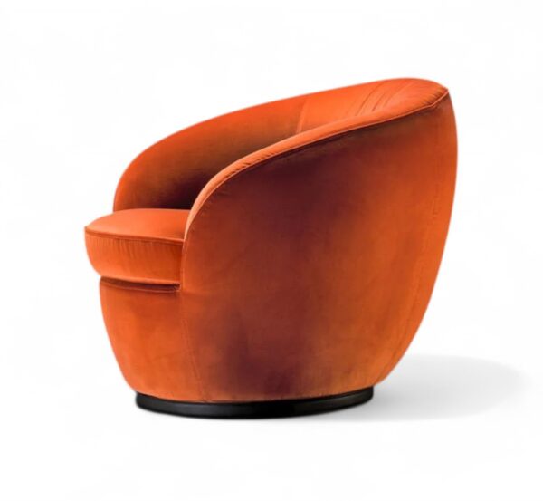 Modern swivel lounge chair with curved design and plush velvet