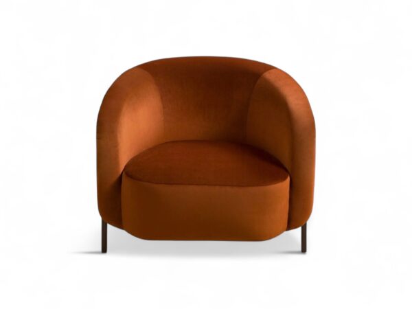 Amber Essence Armchair with rounded silhouette and amber fabric