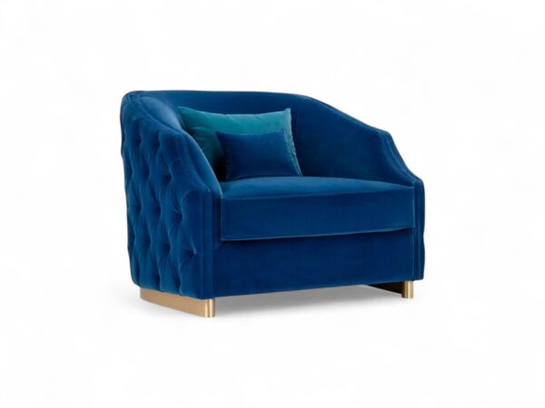 Velvet Royalty Armchair in deep blue velvet with gold accents