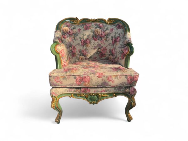 Vintage Flora Carved Armchair with antique floral upholstery