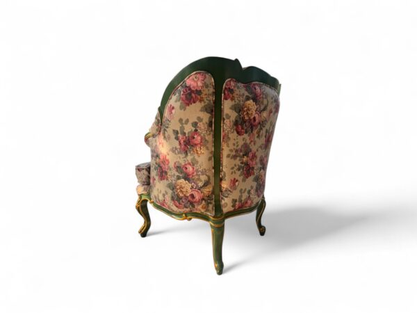 Vintage-style floral armchair with green antique finish