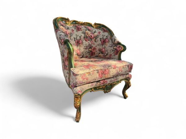 Vintage Flora Carved Armchair with antique floral upholstery