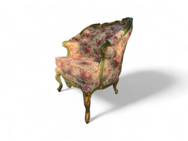 Handcrafted vintage wooden armchair with carved frame