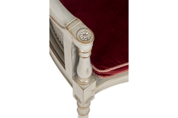 Parisian wooden chair with hand-carved details and velvet upholstery