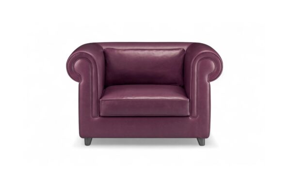 Plum Poise Armchair with rounded arms and rich purple leather upholstery