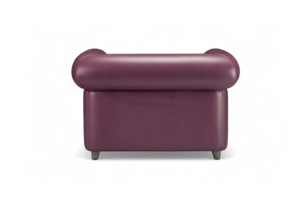 Modern armchair with smooth purple leather and voluminous arms