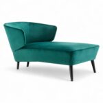 Emerald Velvet Chaise Lounge with slim black wooden legs