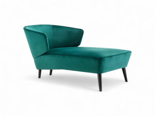 Emerald Velvet Chaise Lounge with slim black wooden legs