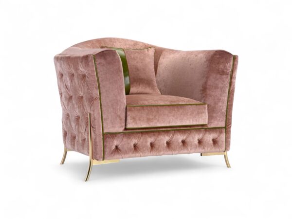 Wildrose Luxe Chair in blush pink velvet with green piping and gold legs