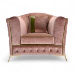 Wildrose Luxe Chair in blush pink velvet with green piping and gold legs