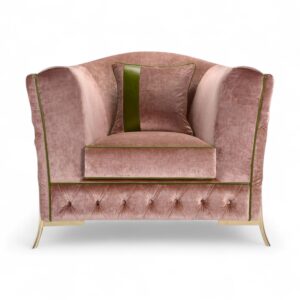 Wildrose Luxe Chair in blush pink velvet with green piping and gold legs
