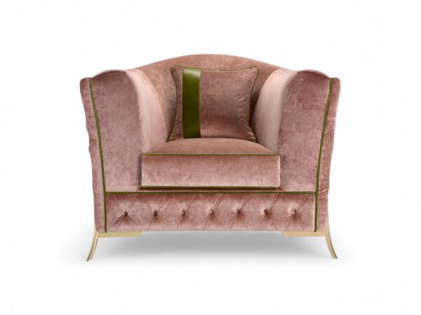 Wildrose Luxe Chair in blush pink velvet with green piping and gold legs