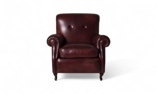 Oxford Heritage Armchair in rich oxblood leather with scroll arms