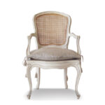 French Cane Accent Chair with whitewashed frame and linen seat