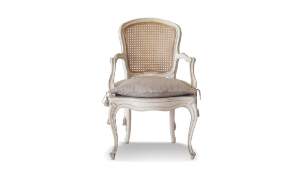 French Cane Accent Chair with whitewashed frame and linen seat