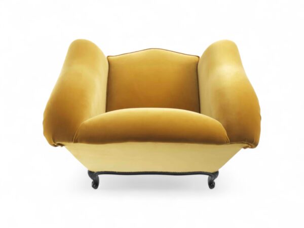 Elegant mustard velvet chair with dark wood detailing