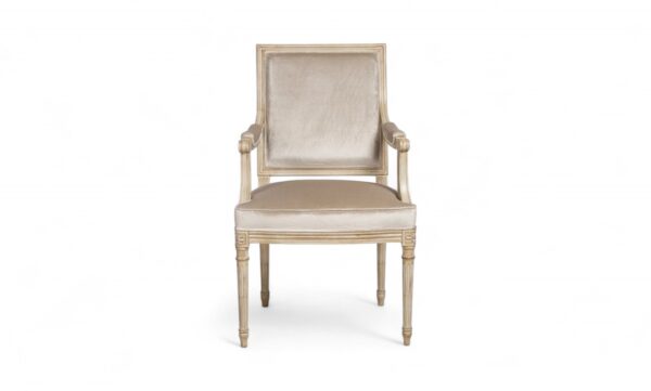 Antique Carved Chair with classic wood frame and neutral fabric