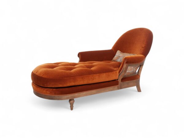 Opulent Orange Chaise Lounge with tufted seat and wooden frame