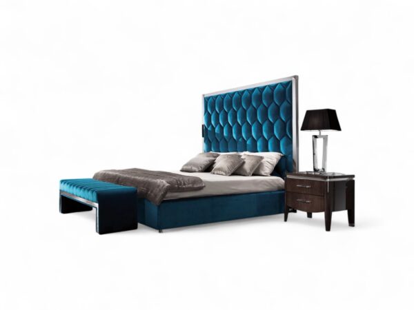 Designer velvet bed in sapphire tone for elegant interiors