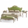 Designer carved bed in green velvet upholstery