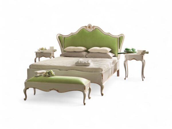Designer carved bed in green velvet upholstery