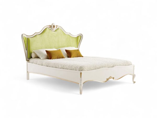 Regal Green Carved Bed with velvet headboard