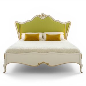 Regal Green Carved Bed with velvet headboard
