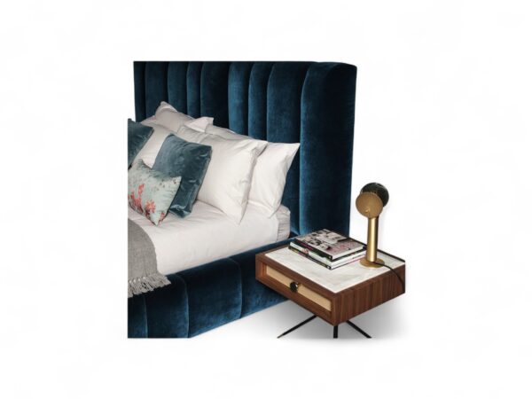Elegant blue velvet bed with high-back tufted design for modern bedrooms.