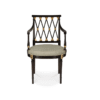 Neoclassical accent chair with grey seat and carved wood arms