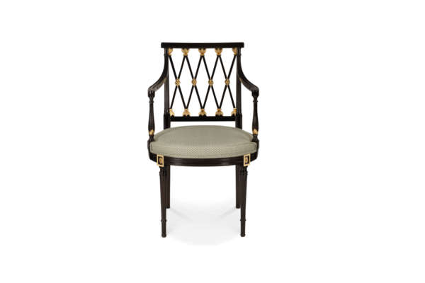 Neoclassical accent chair with grey seat and carved wood arms