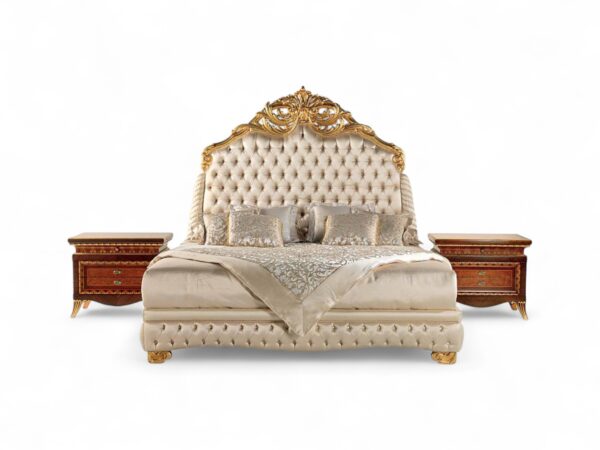 Imperial Majesty Bed with tufted pearl upholstery and ornate gold carved headboard