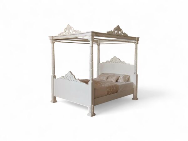 Ivory Tranquille Bed with tall four-poster canopy and carved details
