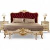 Italian luxury bed with tufted red headboard and sculpted frame
