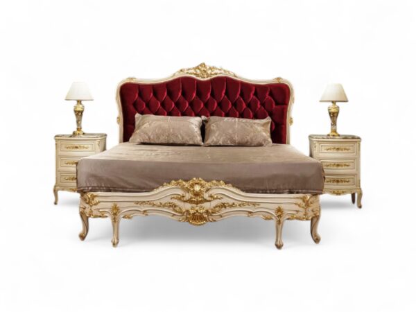 Italian luxury bed with tufted red headboard and sculpted frame