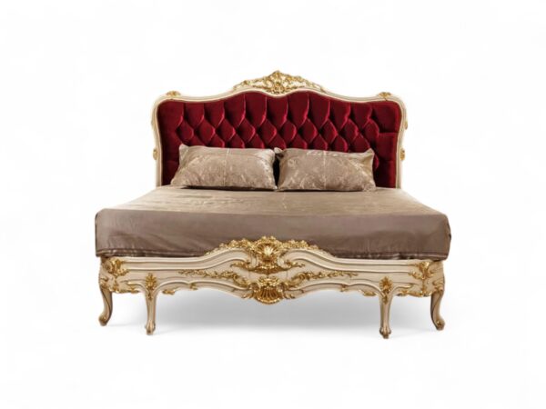 Dolce Vita Bed with deep red velvet and ornate gold carvings