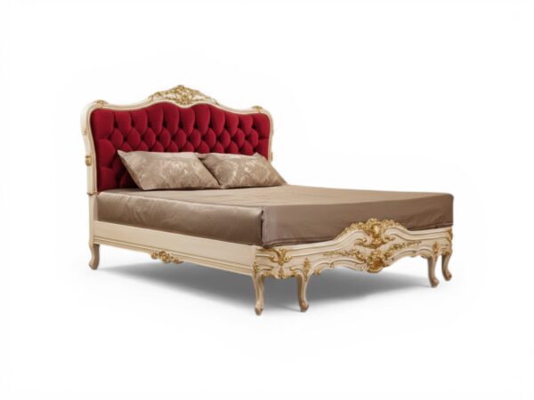 Dolce Vita Bed with deep red velvet and ornate gold carvings