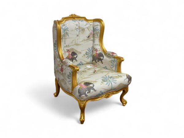 Luxurious lounge chair with plush fabric and golden accents