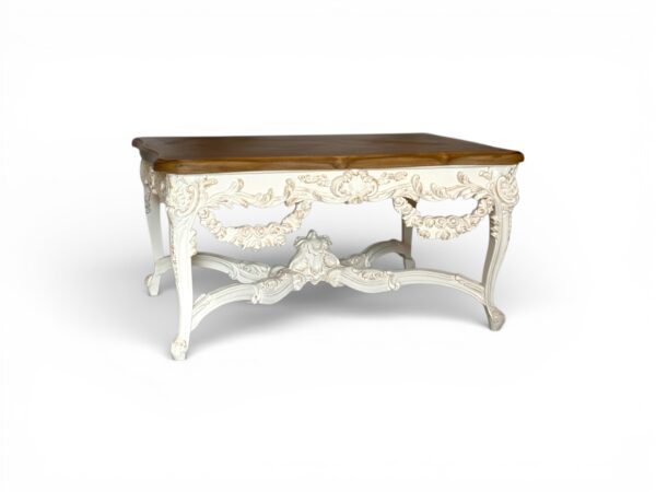 Ornate white wooden console with natural wood top