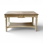 Clarion Classic Cane Table with carved teak wood and cane shelf