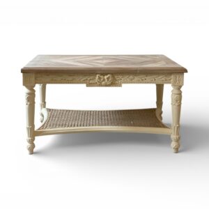 Clarion Classic Cane Table with carved teak wood and cane shelf